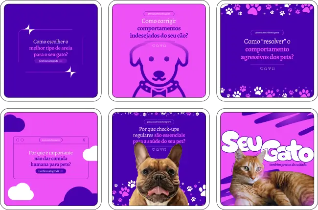 Imagem de amostra do produto Pack Canva com Artes/Posts editáveis para Pet Shop, mostrando uma variedade de conteúdos visuais atrativos para profissionais do mercado de afiliação e marketing digital. Inclui designs de posts, artes e conteúdo estratégico para promover uma imagem profissional e envolvente online. É um produto voltado para movimentar as redes sociais/social media do Instagram desses profissionais.