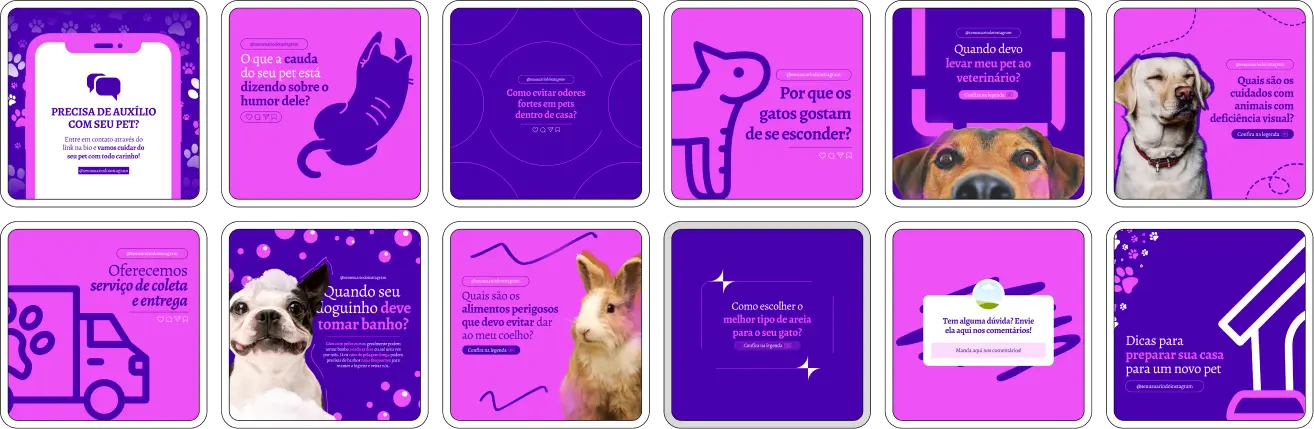 Imagem de amostra do produto Pack Canva com Artes/Posts editáveis para Pet Shop, mostrando uma variedade de conteúdos visuais atrativos para profissionais do mercado de afiliação e marketing digital. Inclui designs de posts, artes e conteúdo estratégico para promover uma imagem profissional e envolvente online. É um produto voltado para movimentar as redes sociais/social media do Instagram desses profissionais.