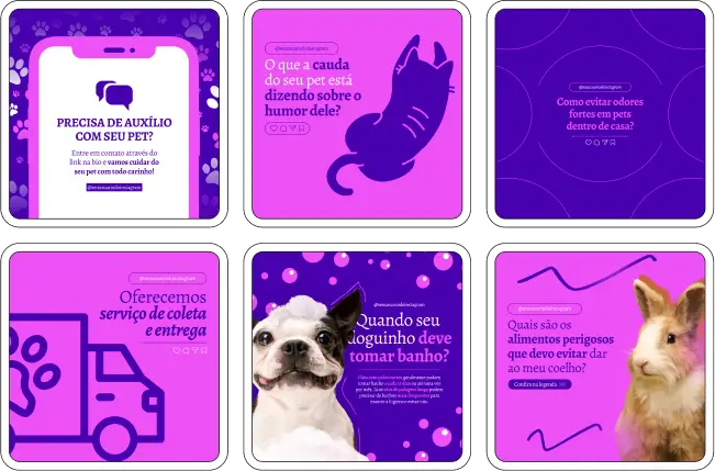 Imagem de amostra do produto Pack Canva com Artes/Posts editáveis para Pet Shop, mostrando uma variedade de conteúdos visuais atrativos para profissionais do mercado de afiliação e marketing digital. Inclui designs de posts, artes e conteúdo estratégico para promover uma imagem profissional e envolvente online. É um produto voltado para movimentar as redes sociais/social media do Instagram desses profissionais.