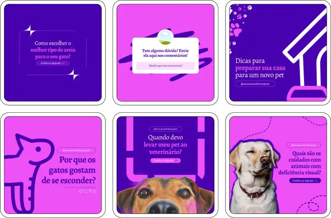 Imagem de amostra do produto Pack Canva com Artes/Posts editáveis para Pet Shop, mostrando uma variedade de conteúdos visuais atrativos para profissionais do mercado de afiliação e marketing digital. Inclui designs de posts, artes e conteúdo estratégico para promover uma imagem profissional e envolvente online. É um produto voltado para movimentar as redes sociais/social media do Instagram desses profissionais.