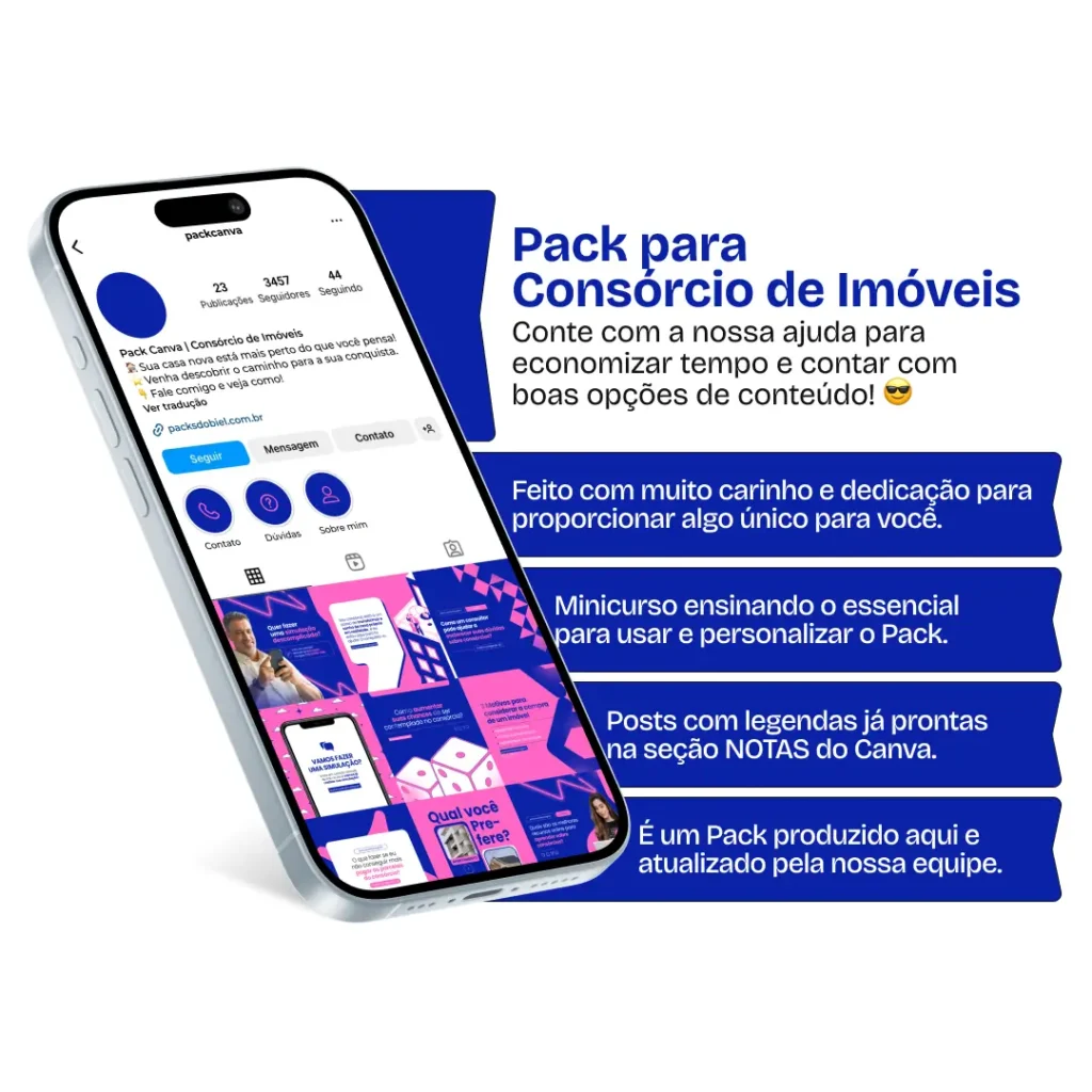 Imagem de amostra do produto Pack Canva com Artes/Posts editáveis para Consórcio de Imóveis, Consórcio de Casa, Consórcio de Apartamento mostrando uma variedade de conteúdos visuais atrativos para profissionais do mercado de afiliação e marketing digital. Inclui designs de posts, artes e conteúdo estratégico para promover uma imagem profissional e envolvente online. É um produto voltado para movimentar as redes sociais/social media do Instagram desses profissionais.