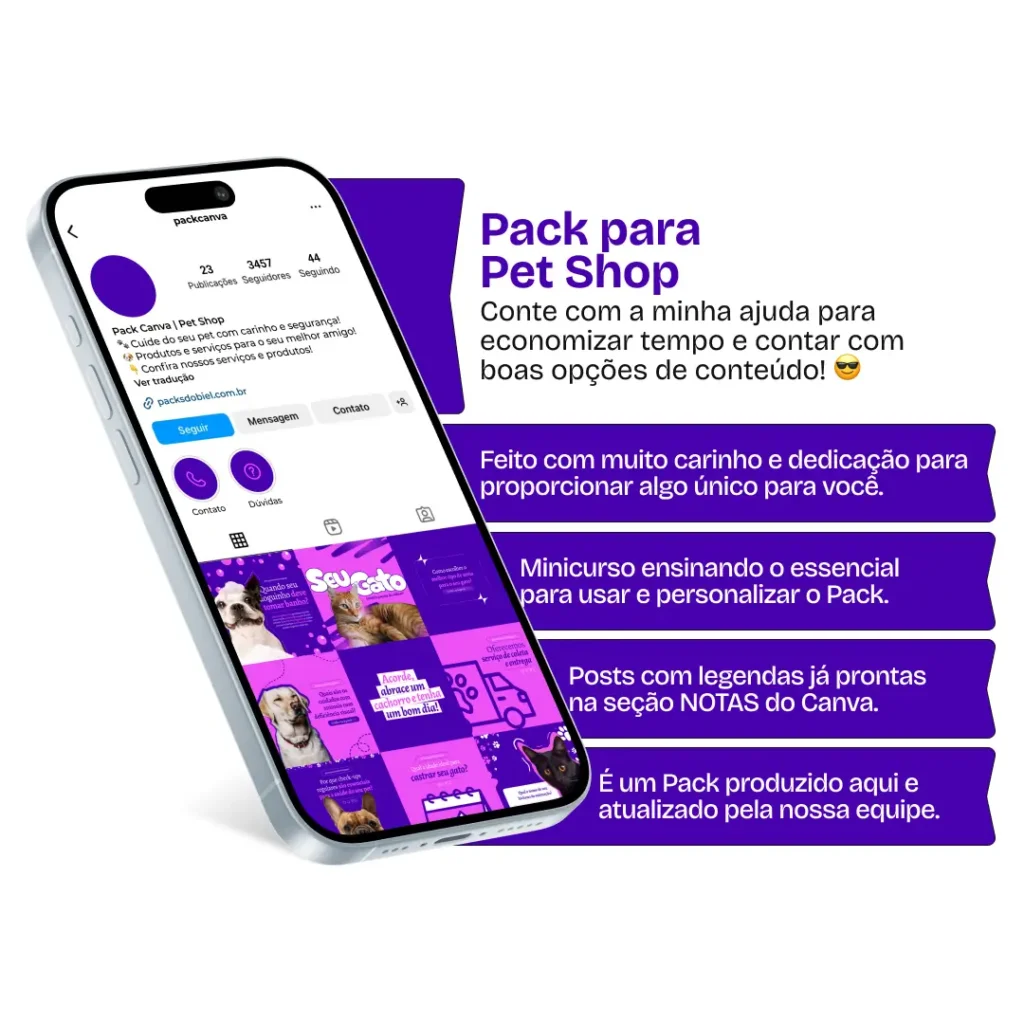Imagem de amostra do produto Pack Canva com Artes/Posts editáveis para Pet Shop, mostrando uma variedade de conteúdos visuais atrativos para profissionais do mercado de afiliação e marketing digital. Inclui designs de posts, artes e conteúdo estratégico para promover uma imagem profissional e envolvente online. É um produto voltado para movimentar as redes sociais/social media do Instagram desses profissionais.