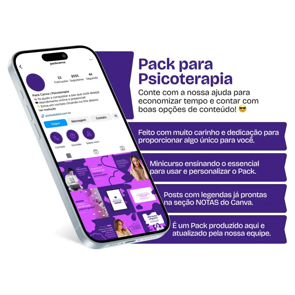 Imagem de amostra do produto Pack Canva com Artes/Posts editáveis para Psicoterapia, mostrando uma variedade de conteúdos visuais atrativos para profissionais de saúde mental. Inclui designs de posts, artes e conteúdo estratégico que promovem uma imagem profissional e acolhedora online. Este produto é direcionado para impulsionar as redes sociais e o marketing digital de psicólogos e terapeutas, especialmente no Instagram, facilitando a promoção de serviços terapêuticos e aumentando o engajamento com potenciais clientes.