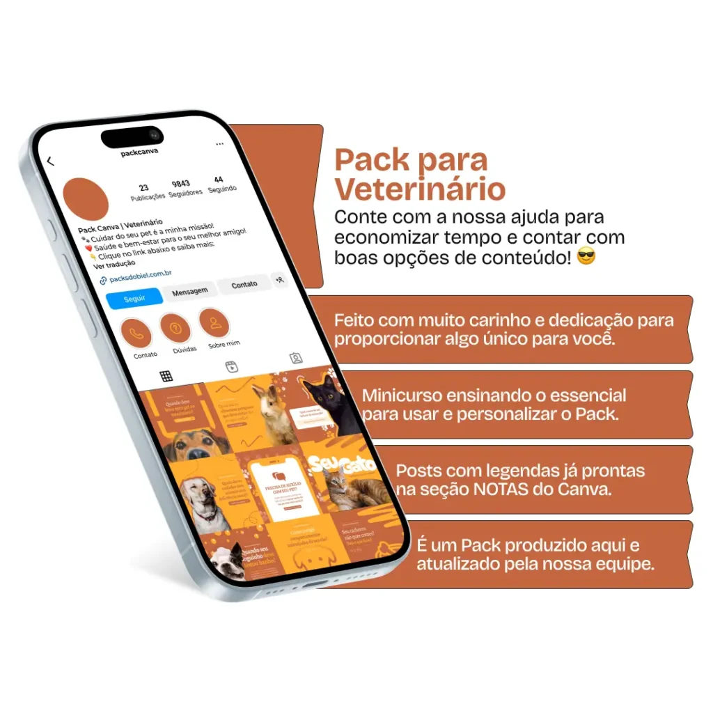 Imagem de amostra do produto Pack Canva com Artes/Posts editáveis para Veterinário, Veterinária, Veterinários, mostrando uma variedade de conteúdos visuais atrativos para profissionais do mercado de afiliação e marketing digital. Inclui designs de posts, artes e conteúdo estratégico para promover uma imagem profissional e envolvente online. É um produto voltado para movimentar as redes sociais/social media do Instagram desses profissionais.