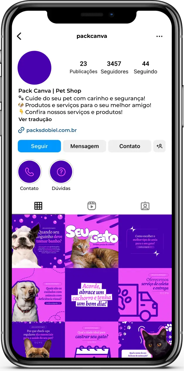 Imagem de amostra do produto Pack Canva com Artes/Posts editáveis para Pet Shop, mostrando uma variedade de conteúdos visuais atrativos para profissionais do mercado de afiliação e marketing digital. Inclui designs de posts, artes e conteúdo estratégico para promover uma imagem profissional e envolvente online. É um produto voltado para movimentar as redes sociais/social media do Instagram desses profissionais.