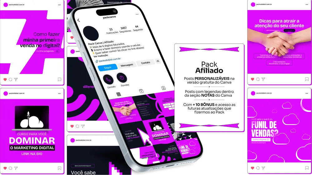 Captura de tela de um perfil de Instagram com uma variedade de conteúdos, artes e posts prontos para compartilhar sobre o mercado de Afiliados e Marketing Digital. A imagem faz parte do produto Pack Canva com Artes/Posts editáveis