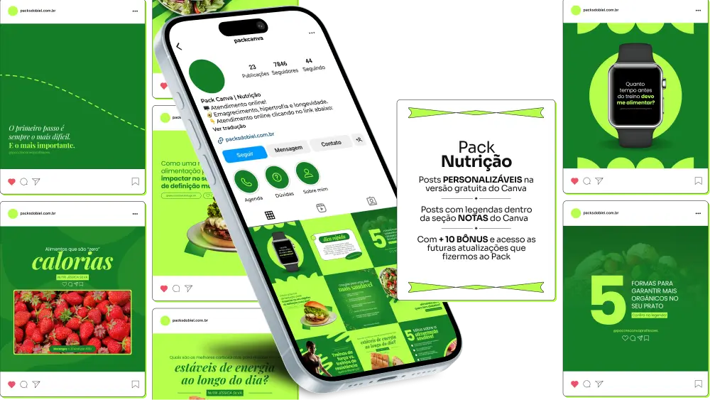 Imagem de amostra do produto Pack Canva com Artes/Posts editáveis para Nutricionista, Nutrição, Nutricionista/Nutrição Infantil e Nutricionista/Nutrição Comportamental, Nutricionista/Nutrição Funcional, Nutricionista/Nutrição Clínica e Nutricionista/Nutrição Esportiva, mostrando uma variedade de conteúdos visuais atrativos para profissionais do mercado de afiliação e marketing digital. Inclui designs de posts, artes e conteúdo estratégico para promover uma imagem profissional e envolvente online. É um produto voltado para movimentar as redes sociais/social media do Instagram desses profissionais.
