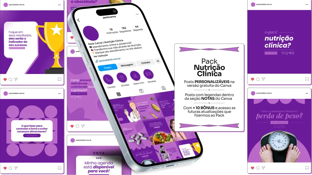 Imagem de amostra do produto Pack Canva com Artes/Posts editáveis para Nutricionista, Nutrição, Nutricionista Clínico, Nutrição Clínica, Nutricionista/Nutrição Infantil e Nutricionista/Nutrição Comportamental, Nutricionista/Nutrição Funcional, Nutricionista/Nutrição Clínica, Nutricionista Geriátrico, Nutrição Geriátrica e Nutricionista/Nutrição Esportiva, mostrando uma variedade de conteúdos visuais atrativos para profissionais do mercado de afiliação e marketing digital. Inclui designs de posts, artes e conteúdo estratégico para promover uma imagem profissional e envolvente online. É um produto voltado para movimentar as redes sociais/social media do Instagram desses profissionais.