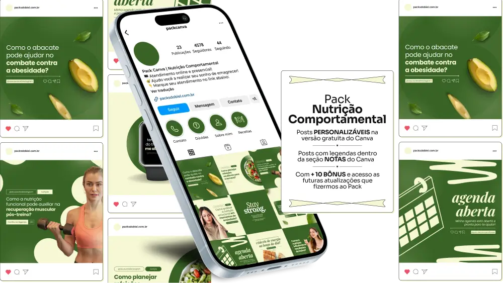 Imagem de amostra do Pack Canva com Artes e Posts Editáveis para Nutricionistas. Este produto inclui designs personalizados para Nutrição Clínica, Nutrição Infantil, Nutrição Comportamental, Nutrição Funcional, Nutrição Geriátrica e Nutrição Esportiva. Ideal para profissionais de nutrição que desejam fortalecer sua presença no Instagram, o pack oferece uma variedade de conteúdos visuais atrativos e estratégicos. Perfeito para afiliados e especialistas em marketing digital, facilita a criação de uma imagem profissional e envolvente online. Potencialize seu marketing digital com este pack de designs e aumente seu engajamento nas redes sociais.