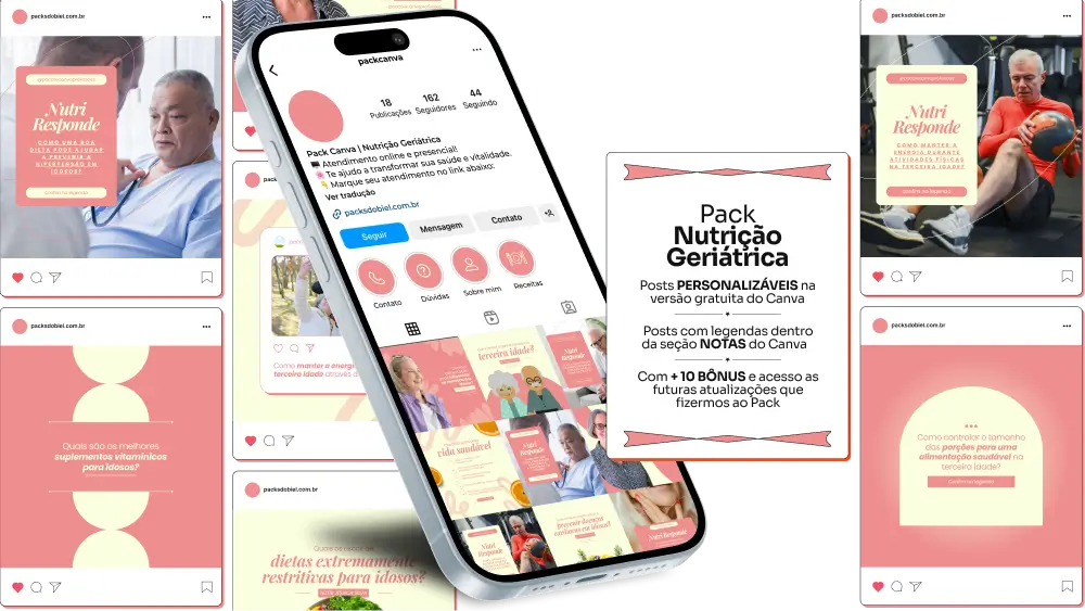 Imagem de amostra do produto Pack Canva com Artes/Posts editáveis para Nutricionista, Nutrição, Nutricionista Clínico, Nutrição Clínica, Nutricionista/Nutrição Infantil e Nutricionista/Nutrição Comportamental, Nutricionista/Nutrição Funcional, Nutricionista/Nutrição Clínica, Nutricionista Geriátrico, Nutrição Geriátrica e Nutricionista/Nutrição Esportiva, mostrando uma variedade de conteúdos visuais atrativos para profissionais do mercado de afiliação e marketing digital. Inclui designs de posts, artes e conteúdo estratégico para promover uma imagem profissional e envolvente online. É um produto voltado para movimentar as redes sociais/social media do Instagram desses profissionais.