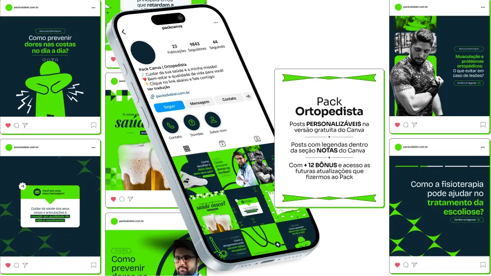 Imagem de amostra do produto Pack Canva com Artes/Posts editáveis para Ortopedista e Otorpedia, mostrando uma variedade de conteúdos visuais atrativos para profissionais do mercado de afiliação e marketing digital. Inclui designs de posts, artes e conteúdo estratégico para promover uma imagem profissional e envolvente online. É um produto voltado para movimentar as redes sociais/social media do Instagram desses profissionais.