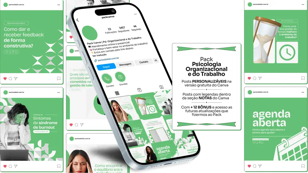 Imagem de amostra do produto Pack Canva com Artes/Posts editáveis para Psicologia Organizacional e do Trabalho, mostrando uma variedade de conteúdos visuais atrativos para profissionais do mercado de afiliação e marketing digital. Inclui designs de posts, artes e conteúdo estratégico para promover uma imagem profissional e envolvente online. É um produto voltado para movimentar as redes sociais/social media do Instagram desses profissionais.