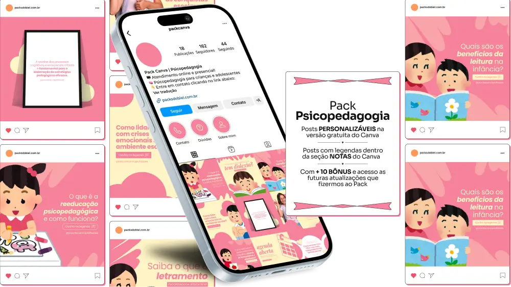 Imagem de amostra do produto Pack Canva com Artes/Posts editáveis para Psicopedagogia/Psicopedagoga/Psicopedagogo, mostrando uma variedade de conteúdos visuais atrativos para profissionais do mercado de afiliação e marketing digital. Inclui designs de posts, artes e conteúdo estratégico para promover uma imagem profissional e envolvente online. É um produto voltado para movimentar as redes sociais/social media do Instagram desses profissionais.