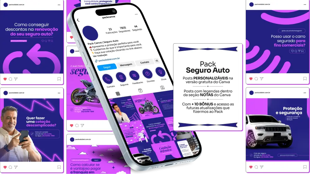 Imagem de amostra do produto Pack Canva com Artes/Posts editáveis para Corretores de Seguro Auto, Seguradoras e profissionais de Consórcio, mostrando uma variedade de conteúdos visuais atrativos para o setor de seguros e serviços financeiros. Inclui designs de posts, artes e conteúdo estratégico para promover uma imagem profissional e envolvente online. Este produto é voltado para impulsionar as redes sociais e o marketing digital de corretores de seguros, corretores de consórcio e outros profissionais, especialmente no Instagram, facilitando a promoção de seguros, consórcios e aumentando o engajamento com potenciais clientes.