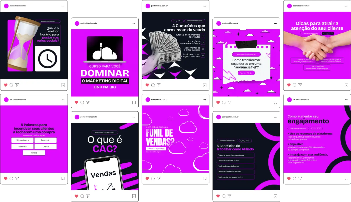 Captura de tela de um perfil de Instagram com uma variedade de conteúdos, artes e posts prontos para compartilhar sobre o mercado de Afiliados e Marketing Digital. A imagem faz parte do produto Pack Canva com Artes/Posts editáveis