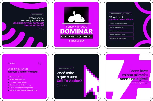 Captura de tela de um perfil de Instagram com uma variedade de conteúdos, artes e posts prontos para compartilhar sobre o mercado de Afiliados e Marketing Digital. A imagem faz parte do produto Pack Canva com Artes/Posts editáveis