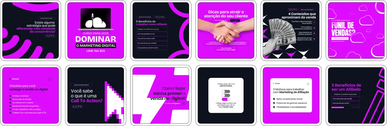 Captura de tela de um perfil de Instagram com uma variedade de conteúdos, artes e posts prontos para compartilhar sobre o mercado de Afiliados e Marketing Digital. A imagem faz parte do produto Pack Canva com Artes/Posts editáveis