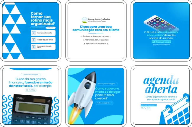 Imagem de amostra do produto Pack Canva com Artes/Posts editáveis para Assistente Virtual, mostrando uma variedade de conteúdos visuais atrativos para profissionais do mercado de afiliação e marketing digital. Inclui designs de posts, artes e conteúdo estratégico para promover uma imagem profissional e envolvente online. É um produto voltado para movimentar as redes sociais/social media do Instagram desses profissionais.