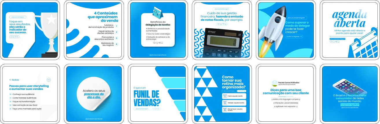 Com este Pack Canva para Assistente Virtual, você comunica o valor do seu trabalho com facilidade. Os conteúdos abordam temas como gestão de tempo, atendimento ao cliente, organização digital, produtividade e presença online. Tudo pensado para aumentar sua visibilidade e conquistar mais contratos!