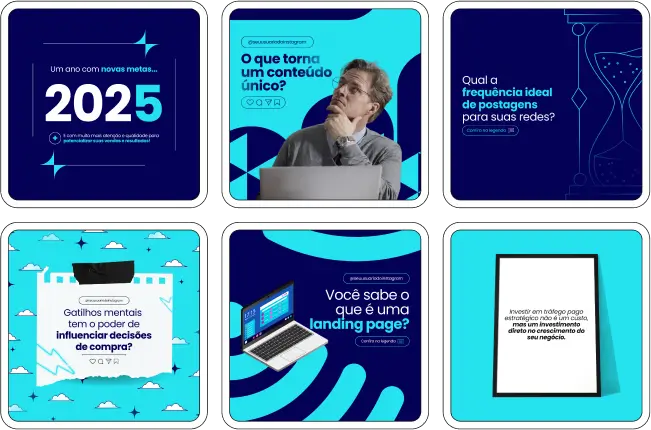 Pack Canva Gestor de Tráfego – Kit com artes editáveis e posts prontos para redes sociais. Ideal para profissionais que desejam gerar autoridade no Instagram, atrair clientes para gestão de anúncios pagos e explicar de forma simples o que faz um gestor de tráfego, como funciona o ROI, funis, testes A/B e muito mais.