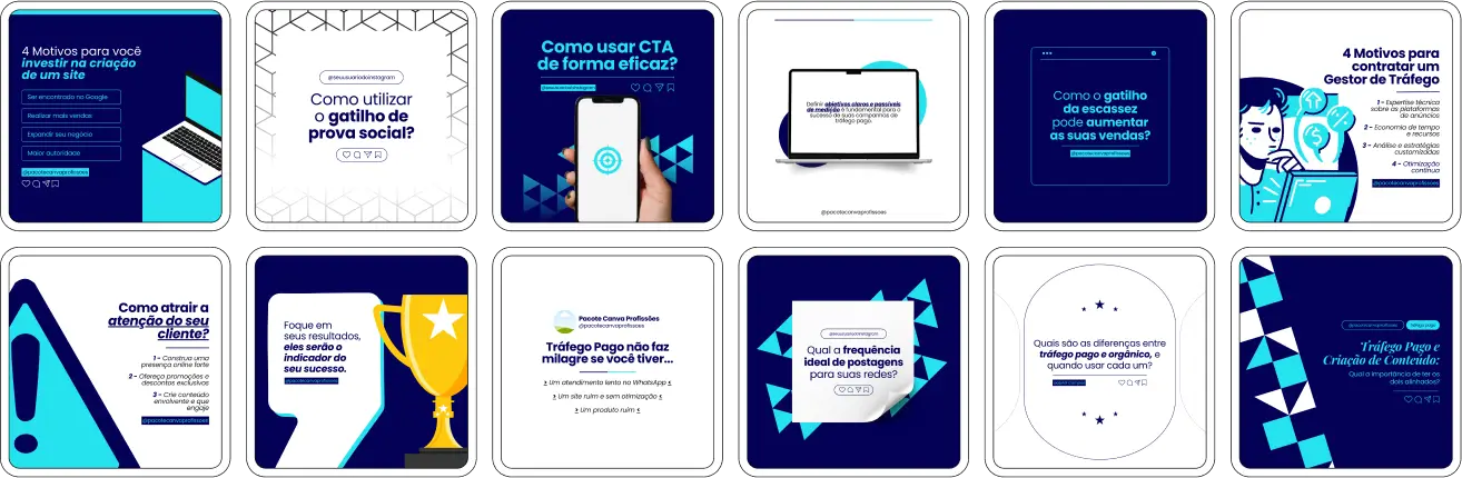 Imagem de amostra do produto Pack Canva com Artes/Posts editáveis para Marketing Digital, Social Media e Gestor de Tráfego Pago, mostrando uma variedade de conteúdos visuais atrativos para profissionais do mercado de afiliação e marketing digital. Inclui designs de posts, artes e conteúdo estratégico para promover uma imagem profissional e envolvente online. É um produto voltado para movimentar as redes sociais/social media do Instagram desses profissionais.