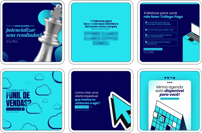 Pack Canva Gestor de Tráfego com posts editáveis para Redes Sociais, perfeito para profissionais de tráfego pago que querem destacar seus serviços no Instagram. Inclui templates prontos sobre estratégias de anúncios, dicas para aumentar conversões, cases de sucesso e a importância de investir em tráfego pago, ajudando a criar conteúdos atrativos, profissionais e educativos para engajar clientes.