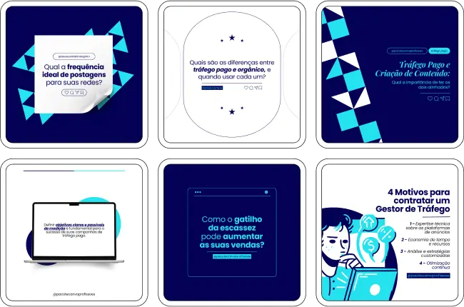 Pack Canva Gestor de Tráfego – Kit com artes editáveis e posts prontos para redes sociais. Ideal para profissionais que desejam gerar autoridade no Instagram, atrair clientes para gestão de anúncios pagos e explicar de forma simples o que faz um gestor de tráfego, como funciona o ROI, funis, testes A/B e muito mais.