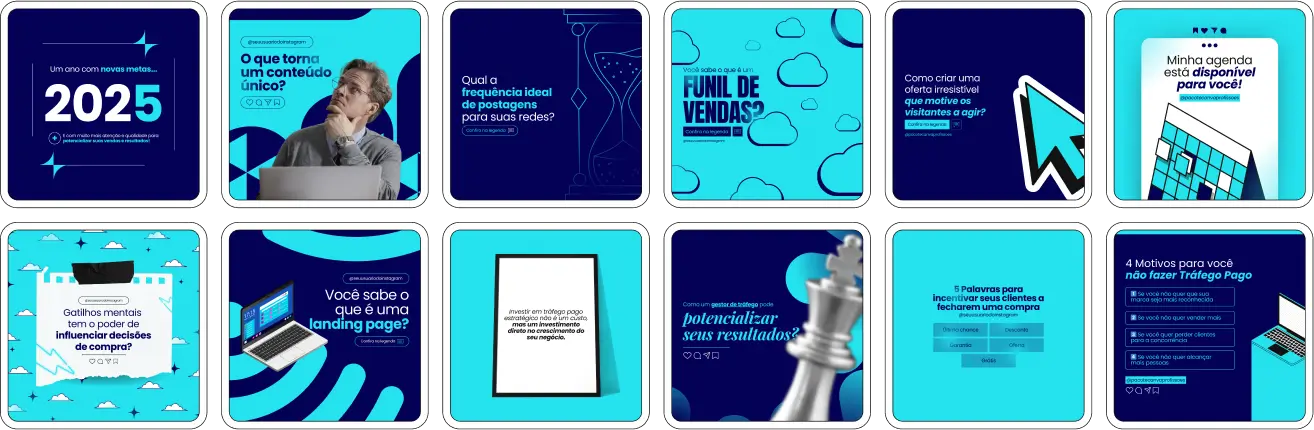Pack Canva Gestor de Tráfego com posts editáveis para Redes Sociais, perfeito para profissionais de tráfego pago que querem destacar seus serviços no Instagram. Inclui templates prontos sobre estratégias de anúncios, dicas para aumentar conversões, cases de sucesso e a importância de investir em tráfego pago, ajudando a criar conteúdos atrativos, profissionais e educativos para engajar clientes.