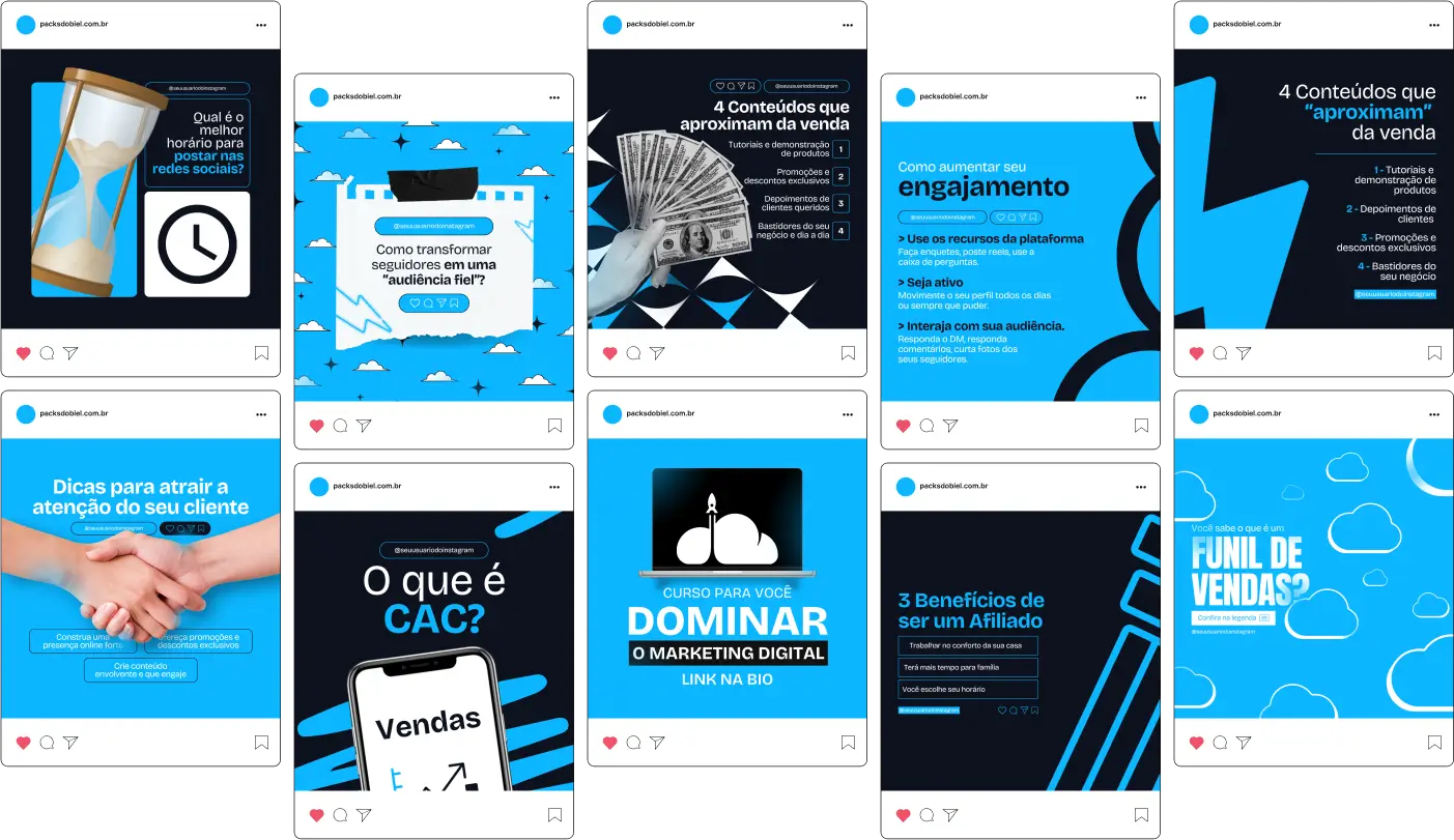 Pack Canva Marketing Digital com posts editáveis para Redes Sociais, ideal para profissionais que desejam destacar sua expertise e atrair clientes no Instagram. Inclui templates prontos sobre estratégias de marketing, dicas de engajamento, criação de conteúdo, funil de vendas e tendências digitais, ajudando a produzir conteúdos visualmente atrativos, educativos e persuasivos.