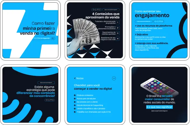 Imagem de amostra do produto Pack Canva com Artes/Posts editáveis para Marketing Digital, Social Media e Gestor de Tráfego Pago, mostrando uma variedade de conteúdos visuais atrativos para profissionais do mercado de afiliação e marketing digital. Inclui designs de posts, artes e conteúdo estratégico para promover uma imagem profissional e envolvente online. É um produto voltado para movimentar as redes sociais/social media do Instagram desses profissionais.