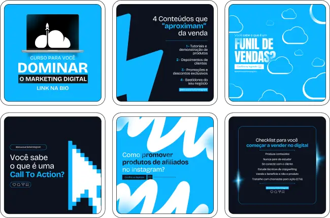 Transforme seu perfil em uma vitrine de autoridade com este kit de posts para marketing digital. Fale de tráfego pago, conversão, conteúdo orgânico, lançamentos e bastidores com design profissional e textos pensados para engajar e educar.