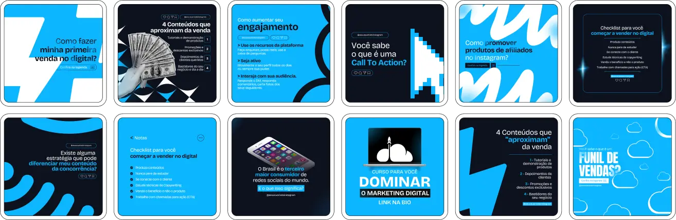 Imagem de amostra do produto Pack Canva com Artes/Posts editáveis para Marketing Digital, Social Media e Gestor de Tráfego Pago, mostrando uma variedade de conteúdos visuais atrativos para profissionais do mercado de afiliação e marketing digital. Inclui designs de posts, artes e conteúdo estratégico para promover uma imagem profissional e envolvente online. É um produto voltado para movimentar as redes sociais/social media do Instagram desses profissionais.