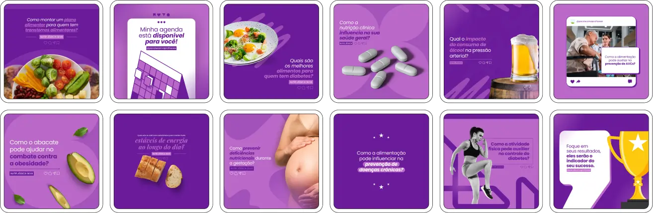 Imagem de amostra do produto Pack Canva com Artes/Posts editáveis para Nutricionista, Nutrição, Nutricionista Clínico, Nutrição Clínica, Nutricionista/Nutrição Infantil e Nutricionista/Nutrição Comportamental, Nutricionista/Nutrição Funcional, Nutricionista/Nutrição Clínica, Nutricionista Geriátrico, Nutrição Geriátrica e Nutricionista/Nutrição Esportiva, mostrando uma variedade de conteúdos visuais atrativos para profissionais do mercado de afiliação e marketing digital. Inclui designs de posts, artes e conteúdo estratégico para promover uma imagem profissional e envolvente online. É um produto voltado para movimentar as redes sociais/social media do Instagram desses profissionais.