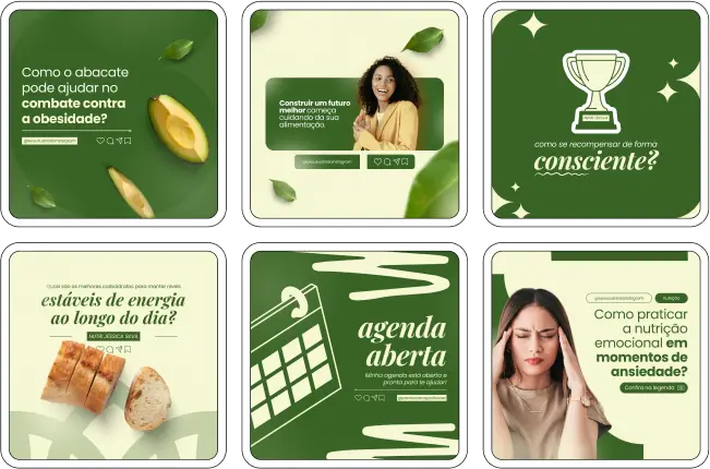 Imagem de amostra do Pack Canva com Artes e Posts Editáveis para Nutricionistas. Este produto inclui designs personalizados para Nutrição Clínica, Nutrição Infantil, Nutrição Comportamental, Nutrição Funcional, Nutrição Geriátrica e Nutrição Esportiva. Ideal para profissionais de nutrição que desejam fortalecer sua presença no Instagram, o pack oferece uma variedade de conteúdos visuais atrativos e estratégicos. Perfeito para afiliados e especialistas em marketing digital, facilita a criação de uma imagem profissional e envolvente online. Potencialize seu marketing digital com este pack de designs e aumente seu engajamento nas redes sociais.