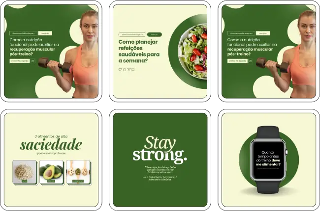 Imagem de amostra do Pack Canva com Artes e Posts Editáveis para Nutricionistas. Este produto inclui designs personalizados para Nutrição Clínica, Nutrição Infantil, Nutrição Comportamental, Nutrição Funcional, Nutrição Geriátrica e Nutrição Esportiva. Ideal para profissionais de nutrição que desejam fortalecer sua presença no Instagram, o pack oferece uma variedade de conteúdos visuais atrativos e estratégicos. Perfeito para afiliados e especialistas em marketing digital, facilita a criação de uma imagem profissional e envolvente online. Potencialize seu marketing digital com este pack de designs e aumente seu engajamento nas redes sociais.