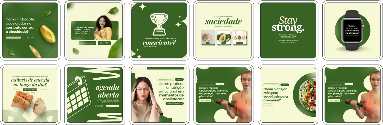 Imagem de amostra do Pack Canva com Artes e Posts Editáveis para Nutricionistas. Este produto inclui designs personalizados para Nutrição Clínica, Nutrição Infantil, Nutrição Comportamental, Nutrição Funcional, Nutrição Geriátrica e Nutrição Esportiva. Ideal para profissionais de nutrição que desejam fortalecer sua presença no Instagram, o pack oferece uma variedade de conteúdos visuais atrativos e estratégicos. Perfeito para afiliados e especialistas em marketing digital, facilita a criação de uma imagem profissional e envolvente online. Potencialize seu marketing digital com este pack de designs e aumente seu engajamento nas redes sociais.