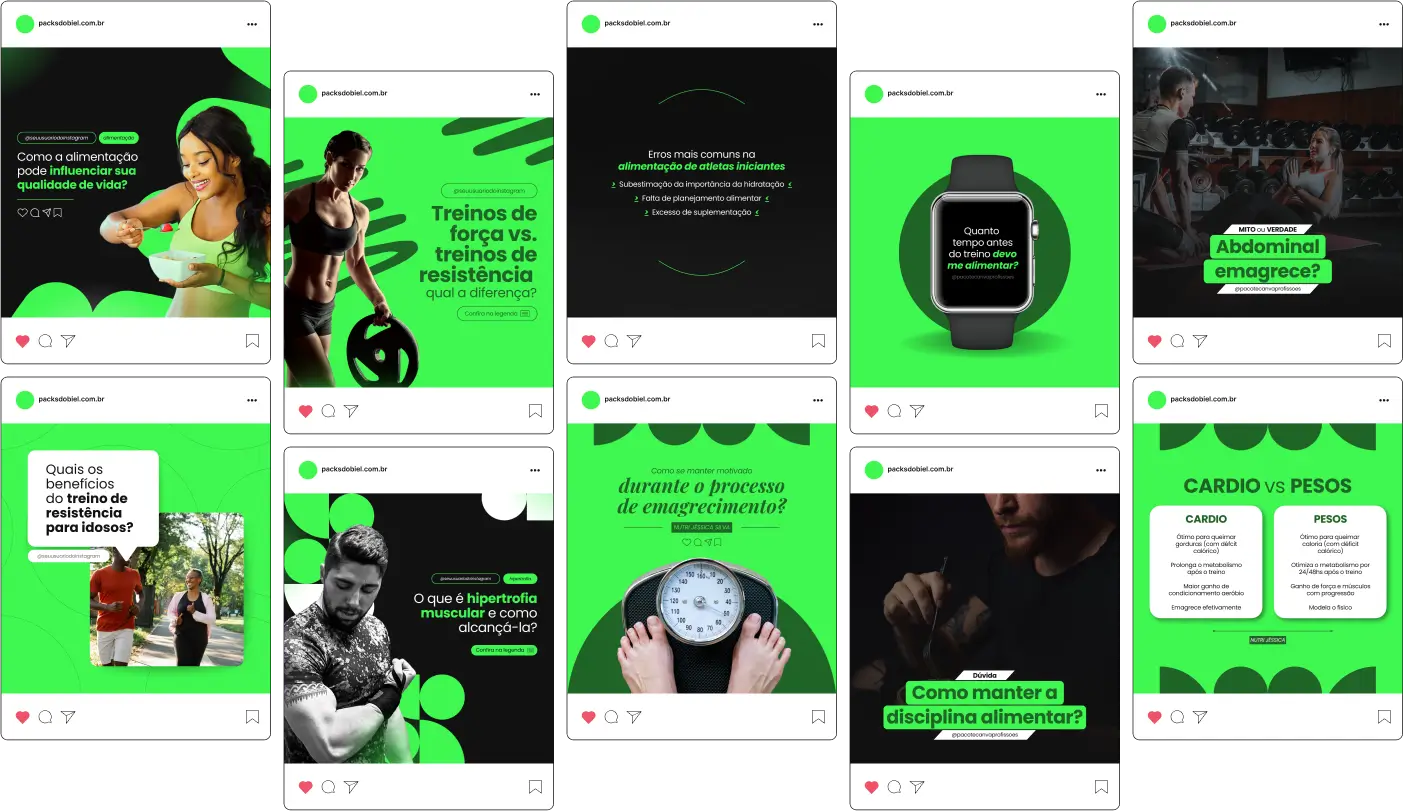 Imagem de amostra do Pack Canva com Artes e Posts Editáveis para Nutricionistas. Este produto inclui designs personalizados para Nutrição Clínica, Nutrição Infantil, Nutrição Comportamental, Nutrição Funcional, Nutrição Geriátrica e Nutrição Esportiva. Ideal para profissionais de nutrição que desejam fortalecer sua presença no Instagram, o pack oferece uma variedade de conteúdos visuais atrativos e estratégicos. Perfeito para afiliados e especialistas em marketing digital, facilita a criação de uma imagem profissional e envolvente online. Potencialize seu marketing digital com este pack de designs e aumente seu engajamento nas redes sociais.