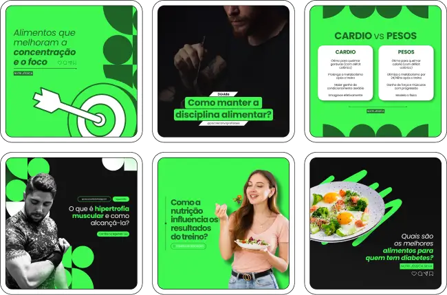 Imagem de amostra do Pack Canva com Artes e Posts Editáveis para Nutricionistas. Este produto inclui designs personalizados para Nutrição Clínica, Nutrição Infantil, Nutrição Comportamental, Nutrição Funcional, Nutrição Geriátrica e Nutrição Esportiva. Ideal para profissionais de nutrição que desejam fortalecer sua presença no Instagram, o pack oferece uma variedade de conteúdos visuais atrativos e estratégicos. Perfeito para afiliados e especialistas em marketing digital, facilita a criação de uma imagem profissional e envolvente online. Potencialize seu marketing digital com este pack de designs e aumente seu engajamento nas redes sociais.