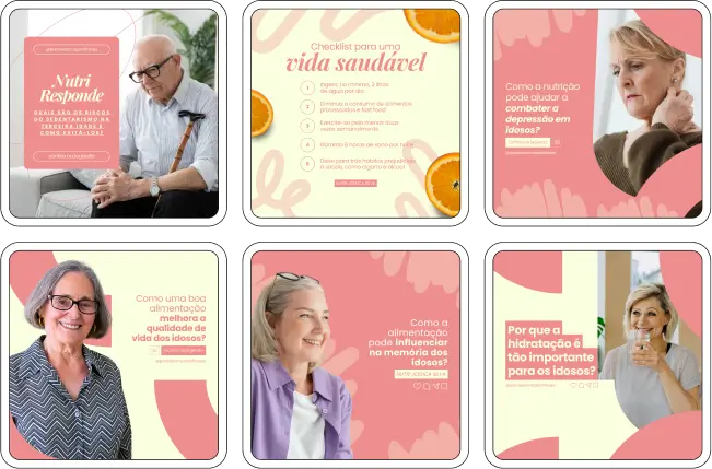 Imagem de amostra do produto Pack Canva com Artes/Posts editáveis para Nutricionista, Nutrição, Nutricionista Clínico, Nutrição Clínica, Nutricionista/Nutrição Infantil e Nutricionista/Nutrição Comportamental, Nutricionista/Nutrição Funcional, Nutricionista/Nutrição Clínica, Nutricionista Geriátrico, Nutrição Geriátrica e Nutricionista/Nutrição Esportiva, mostrando uma variedade de conteúdos visuais atrativos para profissionais do mercado de afiliação e marketing digital. Inclui designs de posts, artes e conteúdo estratégico para promover uma imagem profissional e envolvente online. É um produto voltado para movimentar as redes sociais/social media do Instagram desses profissionais.