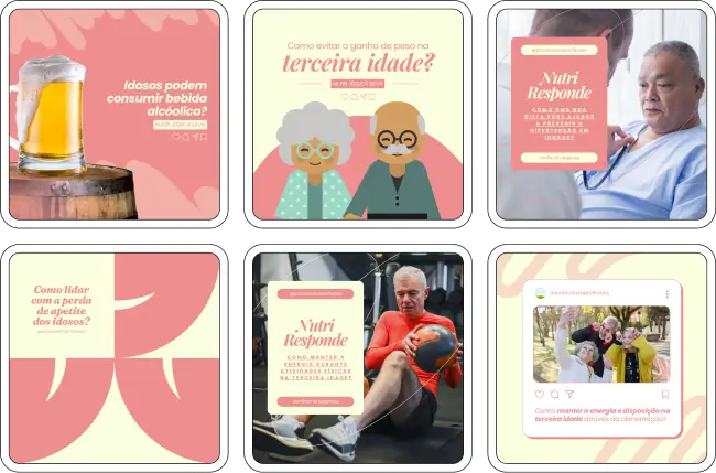 Imagem de amostra do produto Pack Canva com Artes/Posts editáveis para Nutricionista, Nutrição, Nutricionista Clínico, Nutrição Clínica, Nutricionista/Nutrição Infantil e Nutricionista/Nutrição Comportamental, Nutricionista/Nutrição Funcional, Nutricionista/Nutrição Clínica, Nutricionista Geriátrico, Nutrição Geriátrica e Nutricionista/Nutrição Esportiva, mostrando uma variedade de conteúdos visuais atrativos para profissionais do mercado de afiliação e marketing digital. Inclui designs de posts, artes e conteúdo estratégico para promover uma imagem profissional e envolvente online. É um produto voltado para movimentar as redes sociais/social media do Instagram desses profissionais.