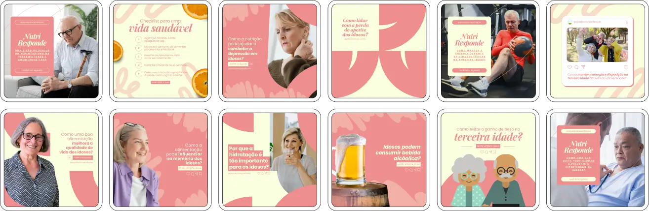 Imagem de amostra do produto Pack Canva com Artes/Posts editáveis para Nutricionista, Nutrição, Nutricionista Clínico, Nutrição Clínica, Nutricionista/Nutrição Infantil e Nutricionista/Nutrição Comportamental, Nutricionista/Nutrição Funcional, Nutricionista/Nutrição Clínica, Nutricionista Geriátrico, Nutrição Geriátrica e Nutricionista/Nutrição Esportiva, mostrando uma variedade de conteúdos visuais atrativos para profissionais do mercado de afiliação e marketing digital. Inclui designs de posts, artes e conteúdo estratégico para promover uma imagem profissional e envolvente online. É um produto voltado para movimentar as redes sociais/social media do Instagram desses profissionais.