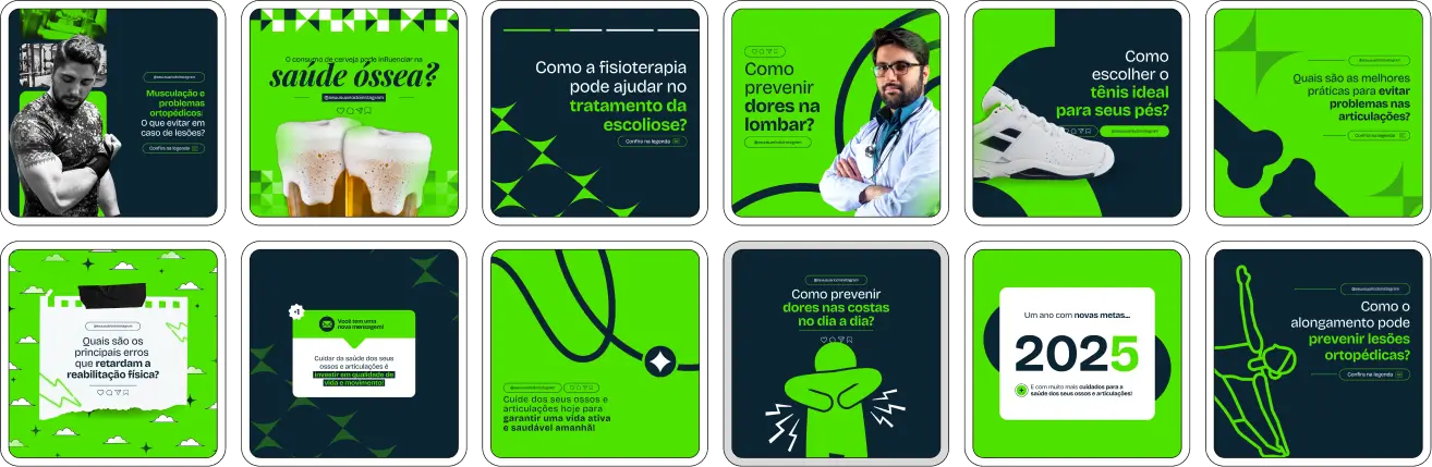 Imagem de amostra do produto Pack Canva com Artes/Posts editáveis para Ortopedista e Otorpedia, mostrando uma variedade de conteúdos visuais atrativos para profissionais do mercado de afiliação e marketing digital. Inclui designs de posts, artes e conteúdo estratégico para promover uma imagem profissional e envolvente online. É um produto voltado para movimentar as redes sociais/social media do Instagram desses profissionais.