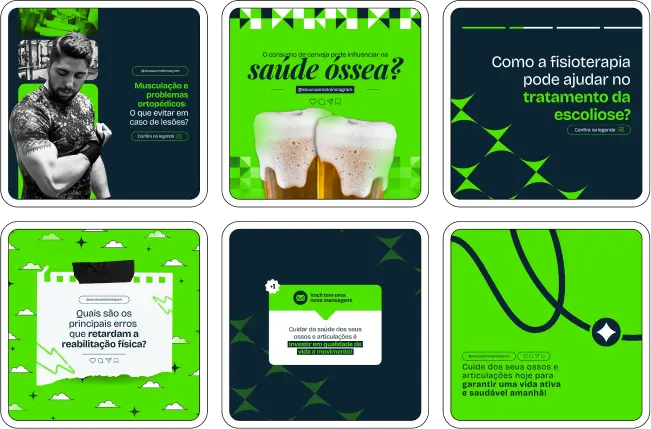 Imagem de amostra do produto Pack Canva com Artes/Posts editáveis para Ortopedista e Otorpedia, mostrando uma variedade de conteúdos visuais atrativos para profissionais do mercado de afiliação e marketing digital. Inclui designs de posts, artes e conteúdo estratégico para promover uma imagem profissional e envolvente online. É um produto voltado para movimentar as redes sociais/social media do Instagram desses profissionais.