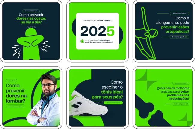 Imagem de amostra do produto Pack Canva com Artes/Posts editáveis para Ortopedista e Otorpedia, mostrando uma variedade de conteúdos visuais atrativos para profissionais do mercado de afiliação e marketing digital. Inclui designs de posts, artes e conteúdo estratégico para promover uma imagem profissional e envolvente online. É um produto voltado para movimentar as redes sociais/social media do Instagram desses profissionais.