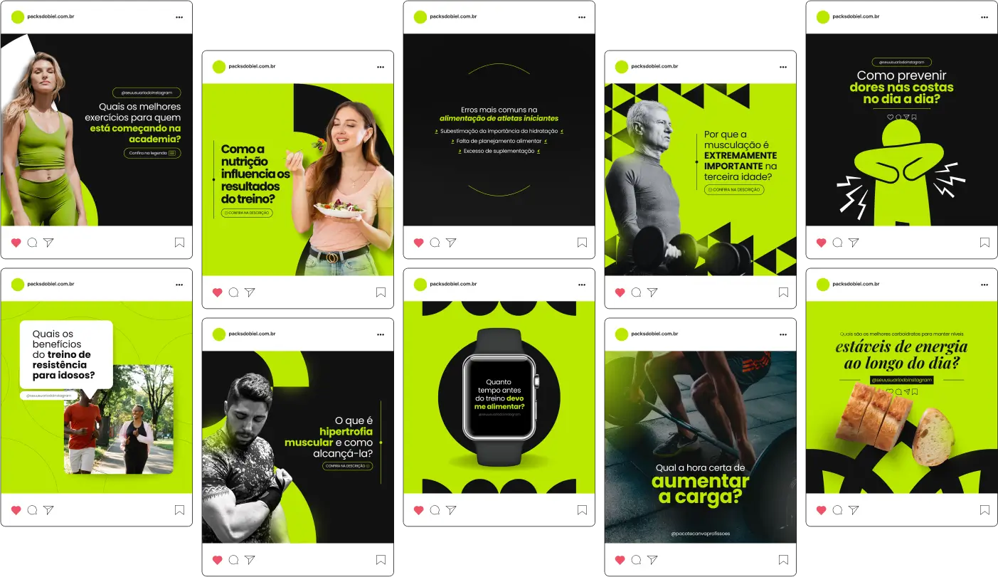 Pack Canva Personal Trainer - Kit de materiais editáveis com posts, artes e conteúdos para perfil do Instagram, ideal para personal trainers, academias e profissionais de educação física. Inclui designs estratégicos com dicas de treino, emagrecimento, ganho de massa muscular, motivação fitness, alimentação saudável, exercícios personalizados e promoções de serviços. Perfeito para atrair clientes, engajar seguidores e fortalecer a presença digital no mercado fitness.