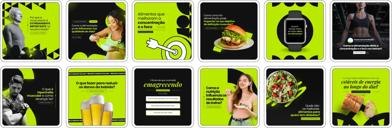 Imagem de amostra do produto Pack Canva com Artes/Posts editáveis para Personal Trainer e profissionais de educação física, mostrando uma variedade de conteúdos visuais atrativos para profissionais do mercado de afiliação e marketing digital. Inclui designs de posts, artes e conteúdo estratégico para promover uma imagem profissional e envolvente online. É um produto voltado para movimentar as redes sociais/social media do Instagram desses profissionais.