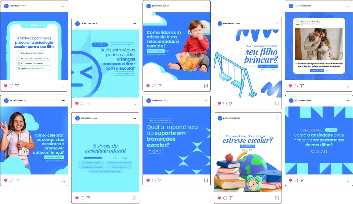 Imagem de amostra do produto Pack Canva com Artes/Posts editáveis para Psicólogos Infantis, mostrando uma variedade de conteúdos visuais atrativos para o setor de psicologia e educação. Inclui designs de posts, artes e conteúdo estratégico para promover uma imagem profissional e envolvente online. Este produto é voltado para impulsionar as redes sociais e o marketing digital de psicólogos que trabalham com crianças e adolescentes, facilitando a promoção de serviços de psicologia infantil, recursos educativos e aumentando o engajamento com pais e cuidadores no Instagram.