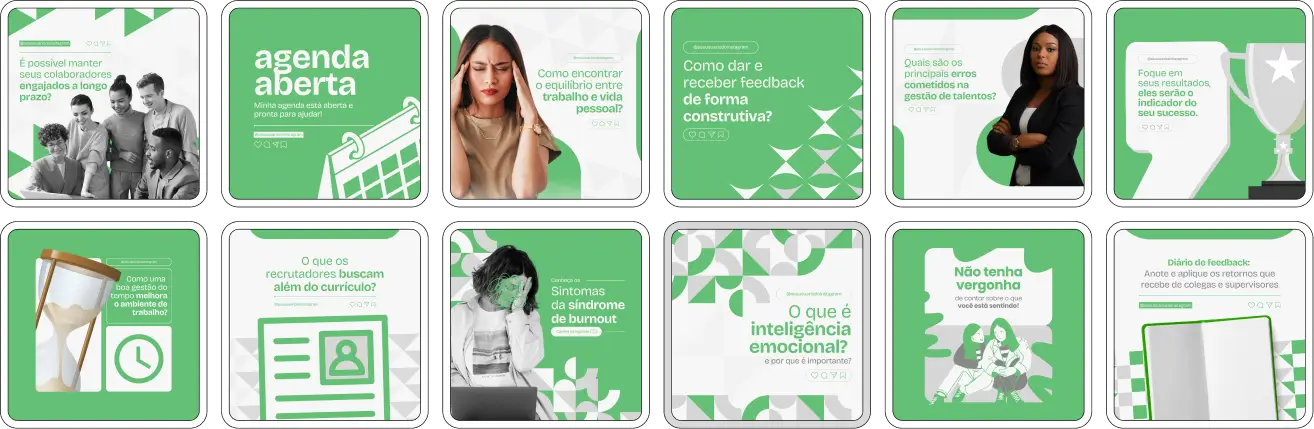 Imagem de amostra do produto Pack Canva com Artes/Posts editáveis para Psicologia Organizacional e do Trabalho, mostrando uma variedade de conteúdos visuais atrativos para profissionais do mercado de afiliação e marketing digital. Inclui designs de posts, artes e conteúdo estratégico para promover uma imagem profissional e envolvente online. É um produto voltado para movimentar as redes sociais/social media do Instagram desses profissionais.