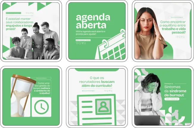 Imagem de amostra do produto Pack Canva com Artes/Posts editáveis para Psicologia Organizacional e do Trabalho, mostrando uma variedade de conteúdos visuais atrativos para profissionais do mercado de afiliação e marketing digital. Inclui designs de posts, artes e conteúdo estratégico para promover uma imagem profissional e envolvente online. É um produto voltado para movimentar as redes sociais/social media do Instagram desses profissionais.