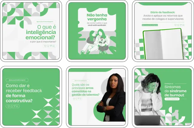 Imagem de amostra do produto Pack Canva com Artes/Posts editáveis para Psicologia Organizacional e do Trabalho, mostrando uma variedade de conteúdos visuais atrativos para profissionais do mercado de afiliação e marketing digital. Inclui designs de posts, artes e conteúdo estratégico para promover uma imagem profissional e envolvente online. É um produto voltado para movimentar as redes sociais/social media do Instagram desses profissionais.